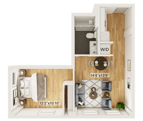 Floor plan for 1 bed, 1 bath, 530 sqft